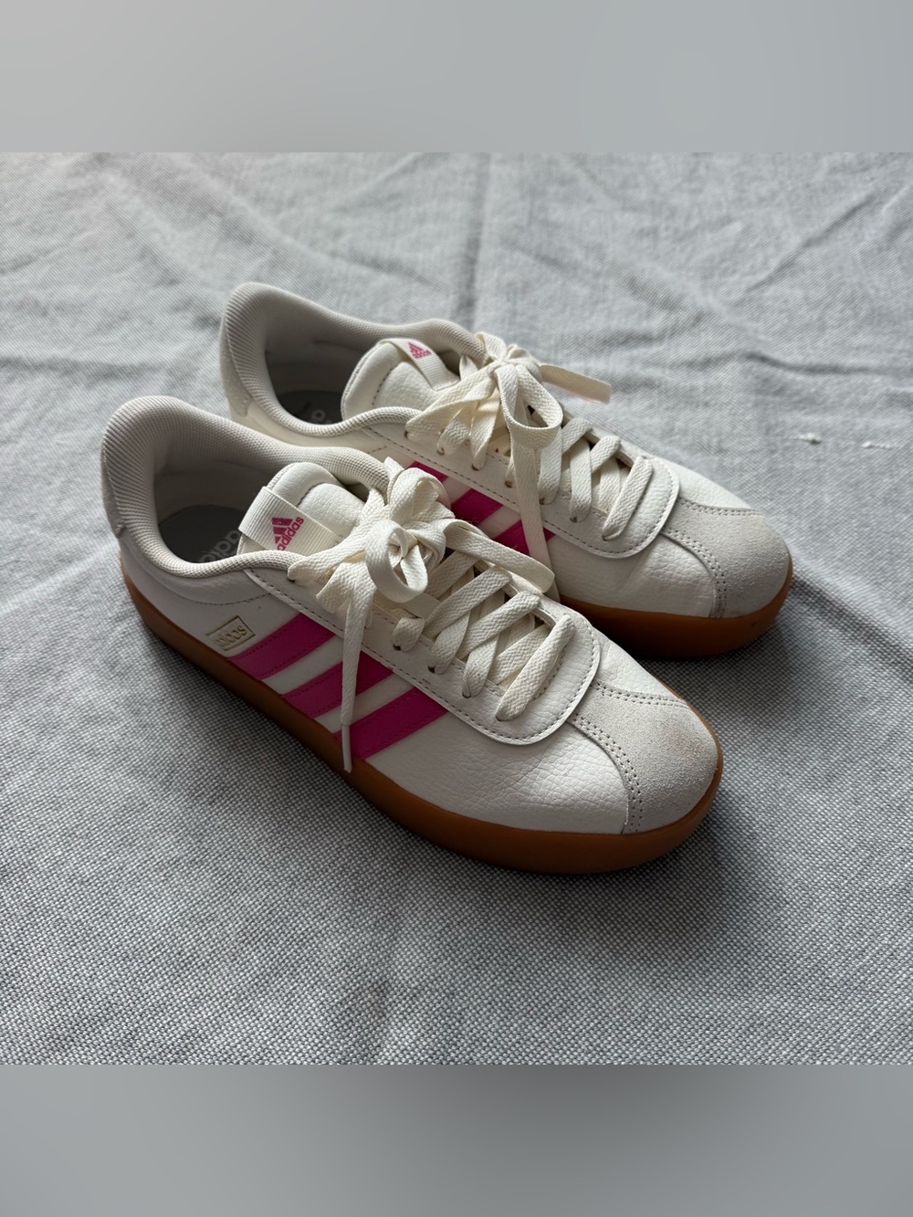 adidas Women’s White Sneakers with Pink Stripes and Gum Sole